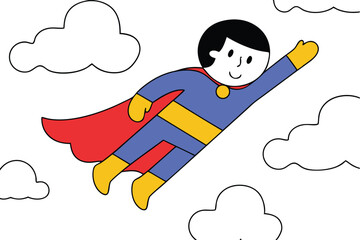 Smiling Superhero Boy Soaring Through Clouds, Cartoon Illustration