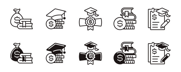 Poster - scholarship school tuition icon line set university financial cost money loan student college graduation debt signs vector outline illustration