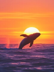 Poster - Whale breaching against vibrant sunset over ocean waters at dusk. Generative AI