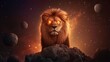 © Photo18@desing - Celestial lion with glowing eyes, standing atop a field of luminous asteroids