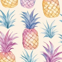 Aufkleber - Colorful watercolor pineapple pattern on a light background with tropical foliage. Generative AI