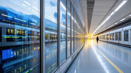 modern subway station with glass panels reflecting light and lone traveler. sleek design and bright atmosphere create vibrant urban scene