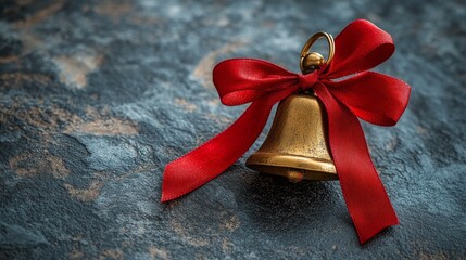 Golden bell adorned with a red bow on a dark textured background for festive occasions