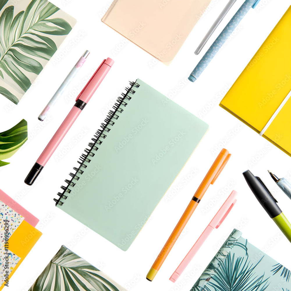Flat lay of stationery items: notebooks, pens, and sticky notes ...