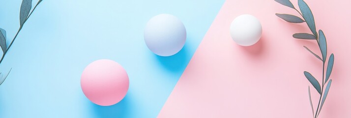 Leinwandbilder - Stylized social media post featuring pastel spheres against a blue and pink background with greenery accents. Generative AI