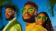 © art_bee8 - Three stylish individuals wearing vibrant sunglasses pose confidently against a tropical backdrop