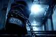 © Watie2781 - A solitary figure ascending dark, shadowy stairs, with a visible chain on the ankle, illustrating the heavy burden of debt and financial struggles in a dramatic, moody atmosphere.