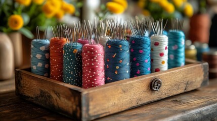 Wall Mural - Colorful spools of thread arranged neatly in a wooden tray at a creative workspace