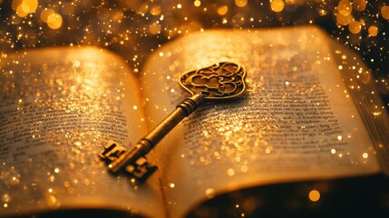 Wall Mural - A vintage key placed delicately on an open book, surrounded by a golden bokeh glow, evoking nostalgia and elegance