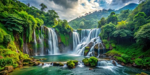 Wall Mural - High-resolution image: Majestic waterfall cascading down lush green mountains, showcasing breathtaking wildlife within a vibrant forest.