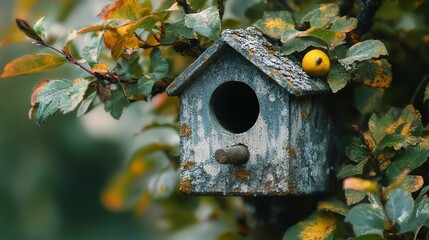 Birdhouse perched on a tree branch surrounded by autumn foliage in a tranquil setting