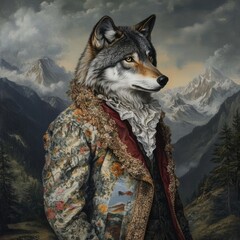 Aufkleber - Wolf dressed in ornate vintage coat poses majestically in mountainous landscape during daytime. Generative AI
