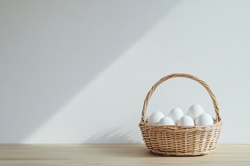 Wall Mural - Wicker basket filled with white eggs on a light wooden surface in a minimalist Nordic-style kitchen setting with soft natural light