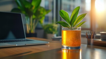 Wall Mural - Green Plant in a Glass Vase on a Wooden Desk. Generative AI