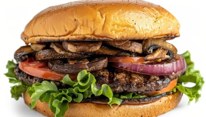 Sticker - A juicy burger with a beef patty, lettuce, tomato, red onion, and grilled mushrooms on a toasted bun.