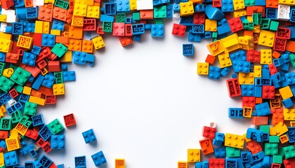 Poster - White background, vibrant pile of colorful blocks scattered, different shapes and sizes, neatly arranged with white space in the center for balance