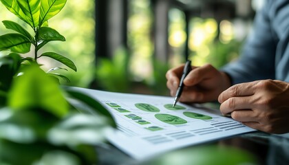Aufkleber - A corporate leader in a greenthemed office, presenting environmental protection strategies with an ESG paper chart for a clean and sustainable ecology