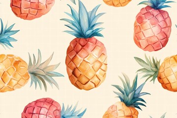 Poster - Colorful watercolor pineapple pattern showcasing tropical fruits against a soft background. Generative AI