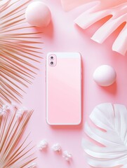 Aufkleber - Stylish pink smartphone surrounded by tropical leaves and decorative elements on a bright pink background. Generative AI
