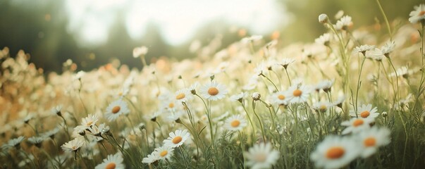 Sticker - Beautiful white daisies blooming in summer meadow at sunset