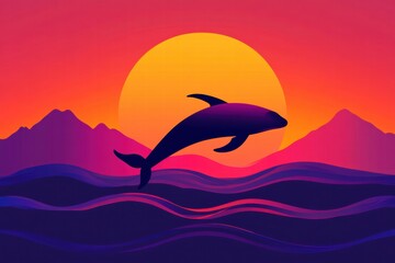 Poster - Whale breaches against vibrant sunset with mountains in the background. Generative AI