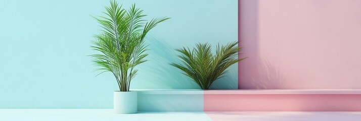 Fototapete - Stylized social media post showcasing indoor plants against a colorful backdrop with pastel shades and minimalistic design elements. Generative AI