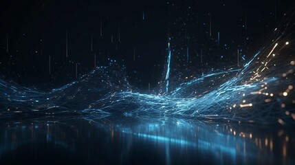 Blue Electric Particle Waves Background with reflective surfaces and dynamic light effects, creating a futuristic and immersive digital atmosphere