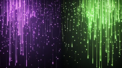 Wall Mural - purple and green glowing light trails falling on dark background for digital art