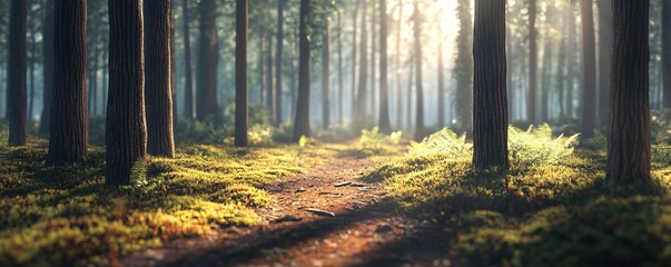  Sunbeams illuminating hiking trail in misty forest