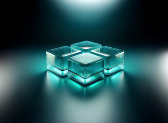 Leinwandbilder - Four translucent teal cubes, glowing from within, sit on a reflective surface, illuminated by a soft light from above.  The scene is dark and moody.