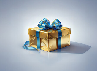 A shiny gold gift box with a bright blue ribbon sits on a light gray surface, casting a subtle shadow.  The gift is elegantly presented, suggesting a special occasion.