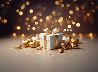Aufkleber - A white gift box with a gold ribbon sits amidst gold heart shapes and bokeh lights, creating a romantic and celebratory atmosphere.  A perfect image for Valentine's Day or anniversary.