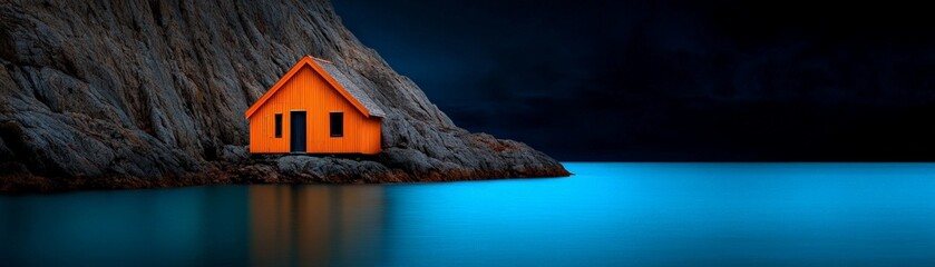 Wall Mural - Secluded Lakeside Cabin: A vibrant orange cabin nestled against a dark cliffside, its reflection mirrored in the tranquil turquoise waters of a serene lake.