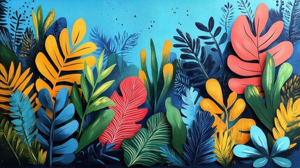 Wall Mural - Vibrant paper cut tropical foliage, lush jungle leaves, exotic plants.