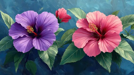 Wall Mural - Vibrant purple and pink hibiscus flowers with green leaves against a blue background.