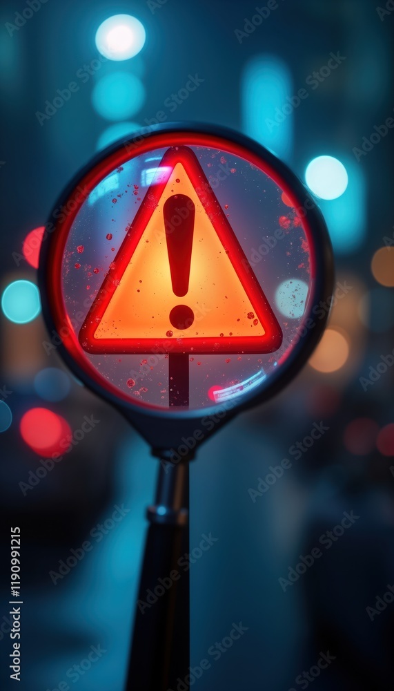 Warning Sign Potential Risk Magnifying glass focuses on warning sign. Risk assessment concept ...