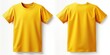 © Maryna - Blank yellow kids t-shirt mockup front, back view. Isolated on white background. Studio shot of plain light blue shirt. Casual attire. Empty template for design. Short sleeves. Ideal for apparel,