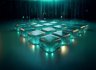 Poster - Abstract digital art depicting a grid of luminous teal cubes on a dark surface, illuminated by glowing lines from above, suggesting a technological or futuristic concept.