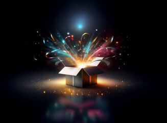 Aufkleber - A cardboard box sits open, emanating vibrant, colorful light and swirling particles, creating a magical, explosive effect against a dark background.  The scene evokes wonder and excitement.