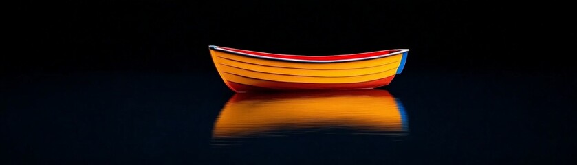 Wall Mural - Solitude on Still Water: A small, vibrant orange boat floats serenely on a dark, still body of water, its reflection mirroring the tranquility of the scene. The image is a study in contrasts.