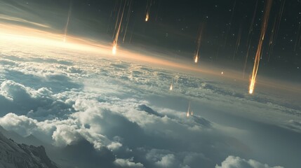 Wall Mural - Stunning Visual of a Meteor Shower Cascading Over Mountain Summit with Clouds and Stars Creating a Breathtaking Celestial Display at Dawn