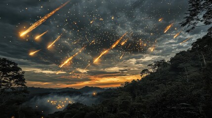 Wall Mural - Illuminating Meteor Shower Lights Up the Night Skies Above Dense Forest Landscape with a Stunning Display of Cosmic Wonder and Natural Beauty