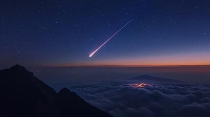 Wall Mural - Breathtaking Meteor Shower Over Mountain Summit with Starry Sky and Cloud Cover, Captured from a High Altitude Viewpoint During Twilight