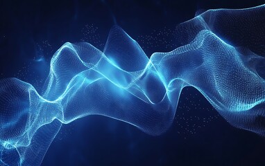 Fototapete - Abstract blue wave particles flowing on dark background, digital art