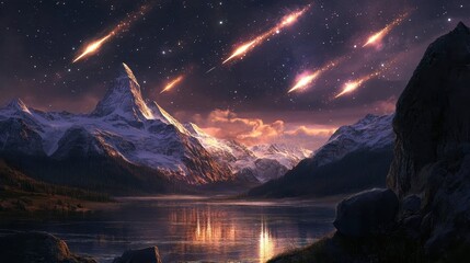 Wall Mural - Stunning Night Sky Filled with Streaking Meteors over Majestic Snow-Capped Mountains, Reflecting Glimmers on the Tranquil Lake Below
