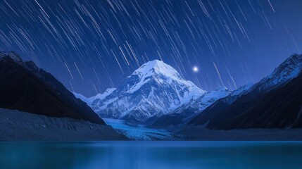Sticker - majestic supermoon illuminates serene mountain landscape at high altitude with star trails reflected