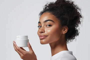 Wall Mural - beautiful beauty female woman's model hand holding white empty blank mockup skincare cream jar templ