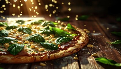 Canvas Print - A delicious gourmet pizza with spinach, white sauce, and nuts on a wooden table with a sunbeam shining down on it.