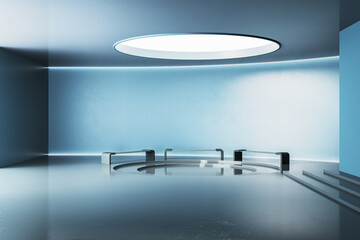 Wall Mural - modern empty interior with circular platform, glass benches, blue walls, and round ceiling light. 3d