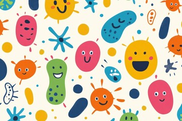 Aufkleber - Cartoon microbes happily interacting in a colorful pattern within a light background. Generative AI
